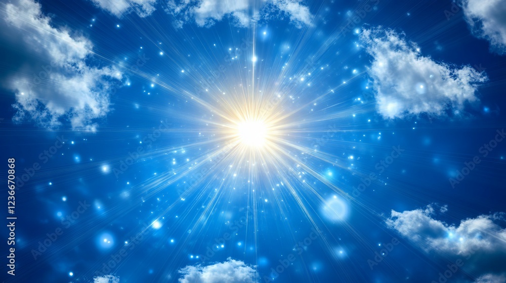 Fototapeta premium Radiant Sun Illuminating a Vibrant Sky Filled with Fluffy Clouds Creating a Cheerful Atmosphere of Warmth and Light in an Idyllic Natural Setting Evoking Joy and Tranquility