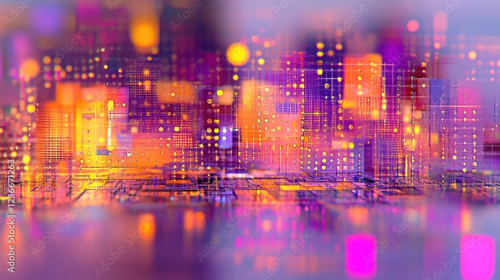 Obraz premium Abstract Digital Cityscape: Neon Lights and Data Streams