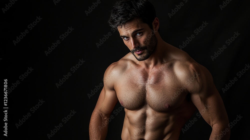 Fototapeta premium A man with a muscular chest and a beard stands in front of a black background