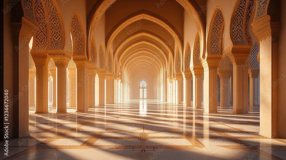 Majestic architectural space featuring intricate arches and golden light illuminating a serene hallway within a timeless structure Majestic architectural space featuring intricate arches and golden light illuminating a serene hallway within a timeless structure