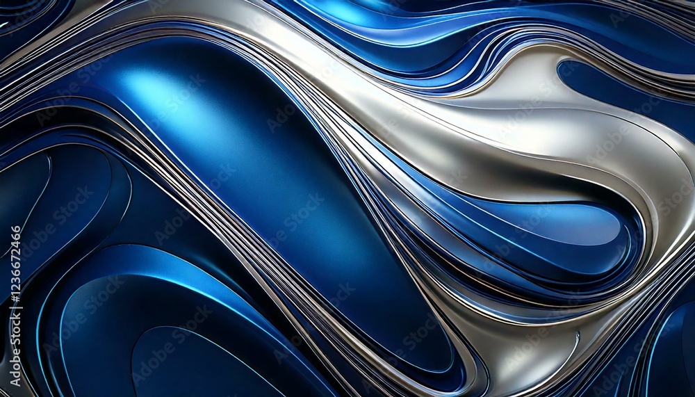 Obraz premium Luxury liquid metal background in silver and deep blue tones, glossy and reflective