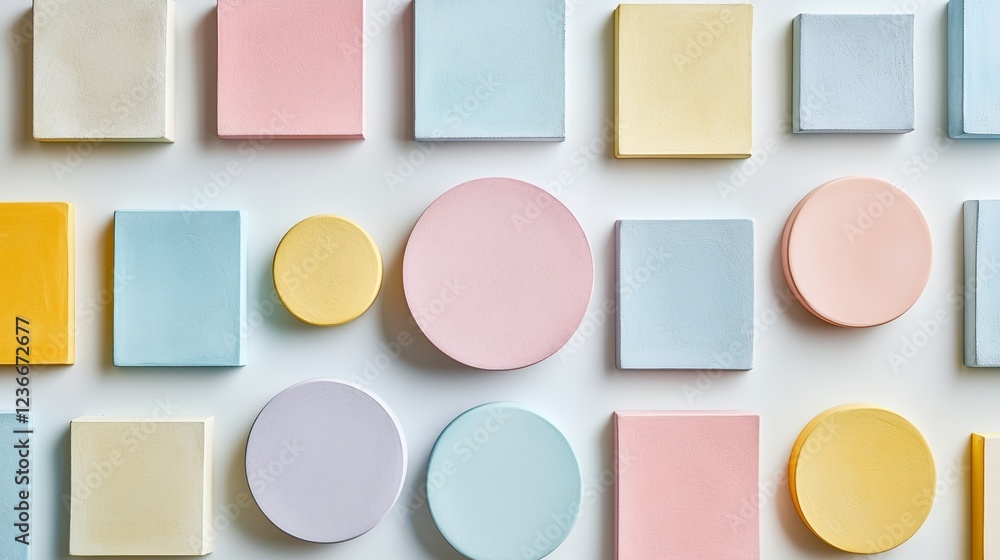 Fototapeta premium Colorful Geometric Shapes in Pastel Tones on White Surface