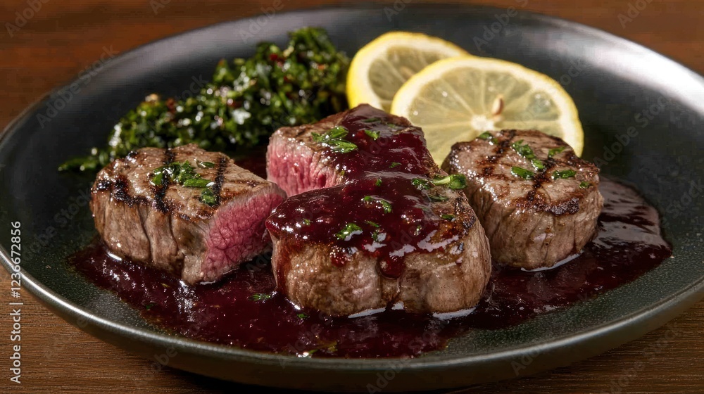 Savor the Exquisite Grilled Filet Mignon with Red Wine Reduction, Lemon Wedges, and Sauteed Greens Savor the Exquisite Grilled Filet Mignon with Red Wine Reduction, Lemon Wedges, and Sauteed Greens
