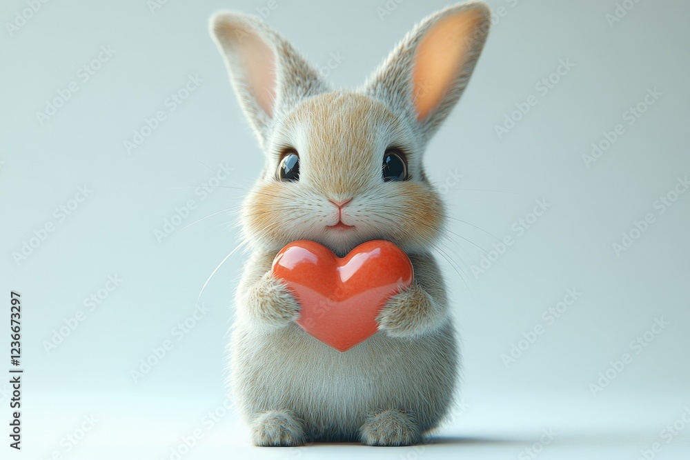 Fototapeta premium Cute Fluffy Cartoon Rabbit Holding a Red Heart