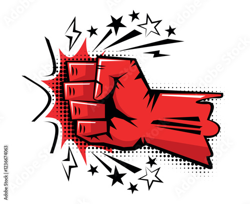 Explosive punch, strong straight punch in comic style. Punch, blow with red strong fist. Vector on a transparent background