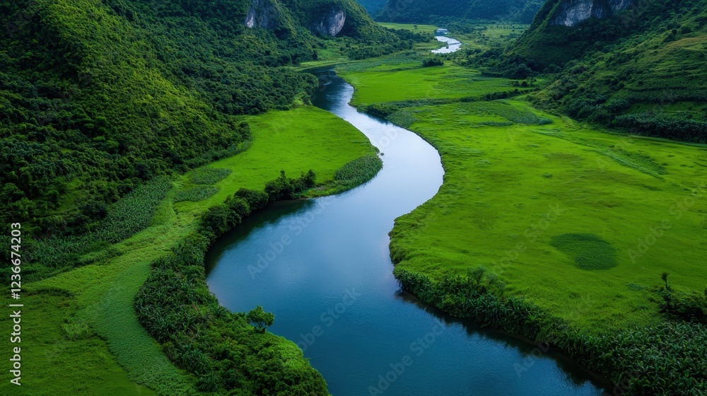 Fototapeta premium A river with a green valley in the background