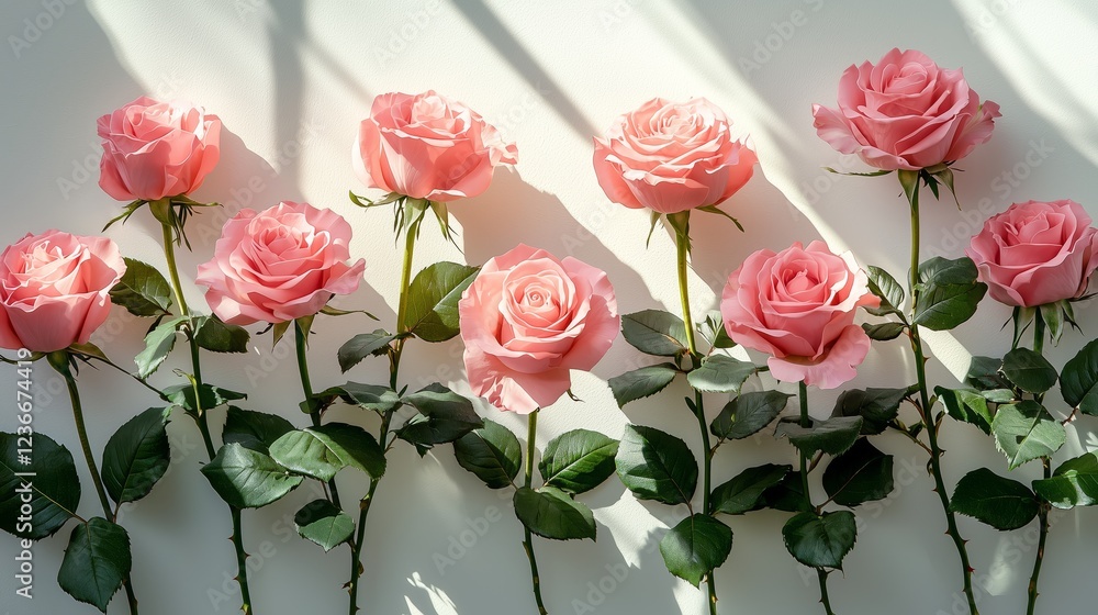 Obraz premium Beautiful Delicate Pink Roses with Shadows on Soft White Background