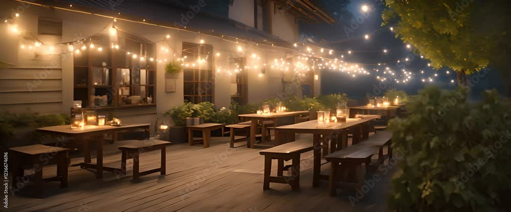 A photorealistic image of an outside hidden cafe at night, with twinkling fairy lights draped over rustic wooden tables A photorealistic image of an outside hidden cafe at night, with twinkling fairy lights draped over rustic wooden tables