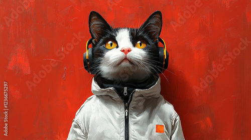 black and white cat on red background
