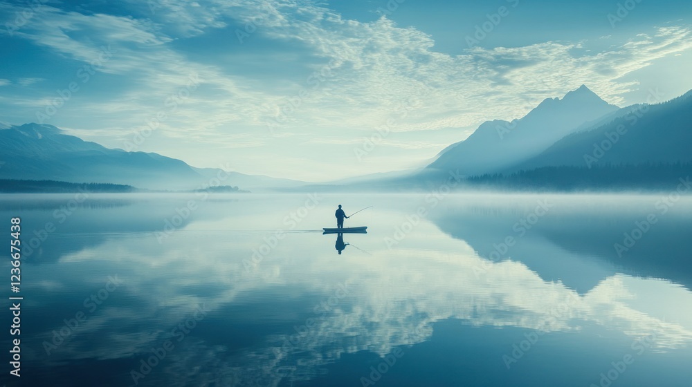 Fototapeta premium Solitude and Serenity: A Fisherman's Peaceful Morning on a Misty Lake
