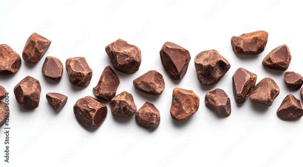 Cacao nibs scattered, white background, food photography, recipe Cacao nibs scattered, white background, food photography, recipe