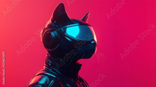 A cybernetic cat with sleek augmented reality glasses, glowing LED eyes, and a high-tech neon-lit cyberpunk environment reflecting in its digital fur photo