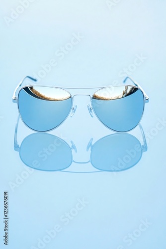 Sleek aviator sunglasses reflecting cloudless sky, mirroring summer coolness against soft blue backdrop photo