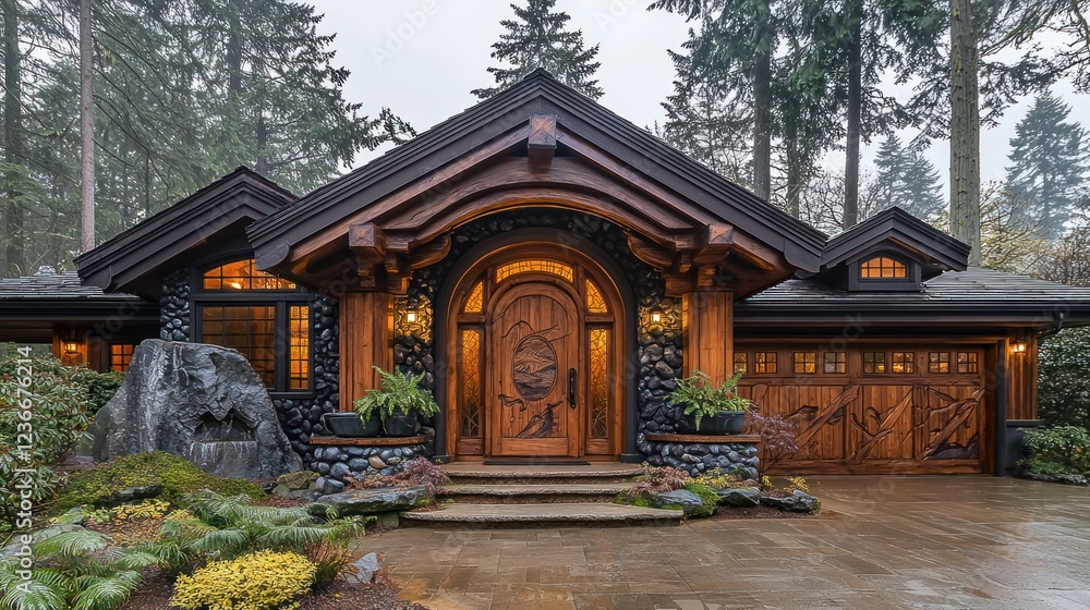 Fototapeta premium Majestic Log Cabin Home Nestled Amongst Tall Trees