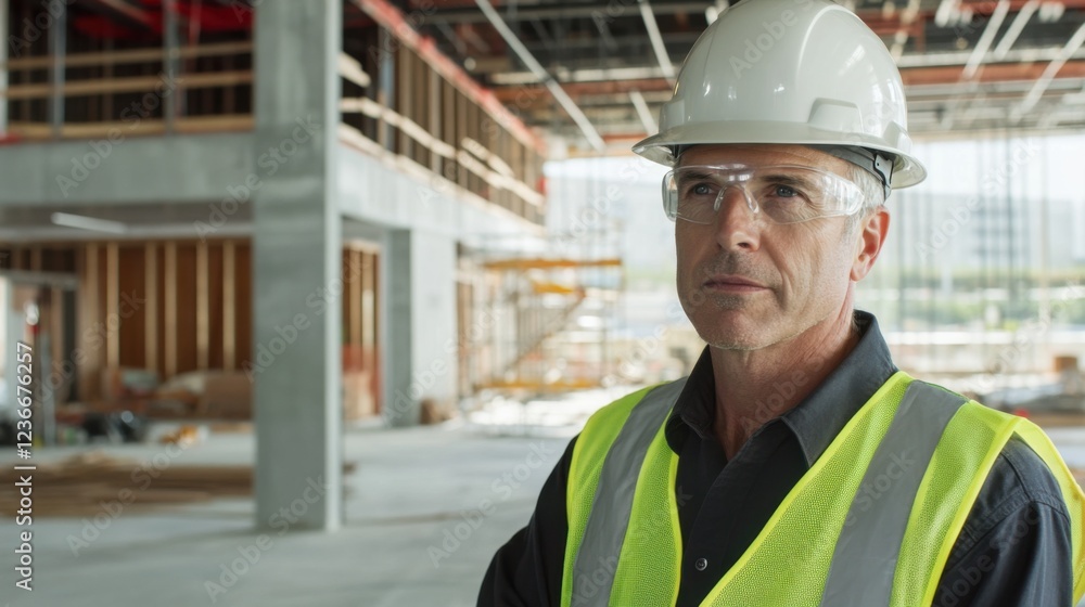 An intimate portrait of a safety inspector in a hard hat and reflective vest, conducting inspections on a construction site, Safety inspection scene An intimate portrait of a safety inspector in a hard hat and reflective vest, conducting inspections on a construction site, Safety inspection scene