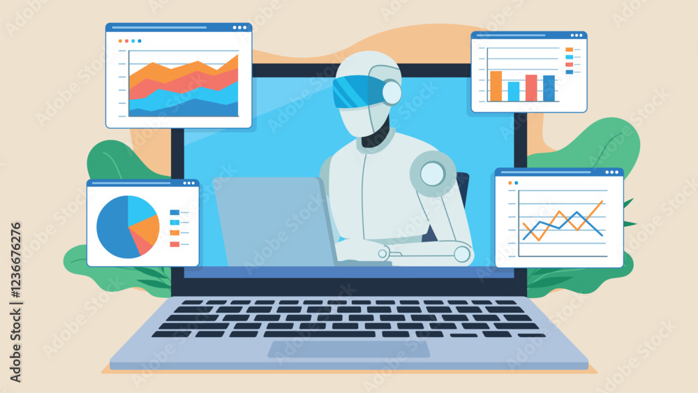 AI bot works on laptop and analyzes data graphs. Graphs are placed on application tiles next to laptop. Machine learning and data analysis. Flat design vector. AI bot works on laptop and analyzes data graphs. Graphs are placed on application tiles next to laptop. Machine learning and data analysis. Flat design vector.