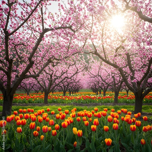 Wallpaper Mural Peach Blossom Heaven: A Springtime Symphony of Tulips and Blossoms Torontodigital.ca