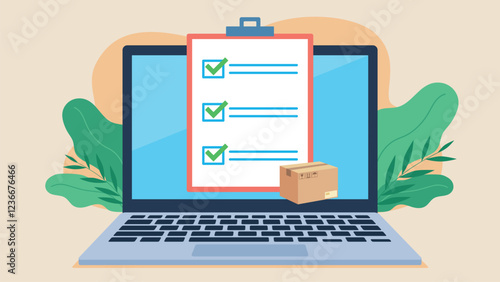 Checklist with checked boxes and shipment is on the laptop screen. Fields marked in green. Tracking the order and shipment of the package. Flat design vector illustartion.