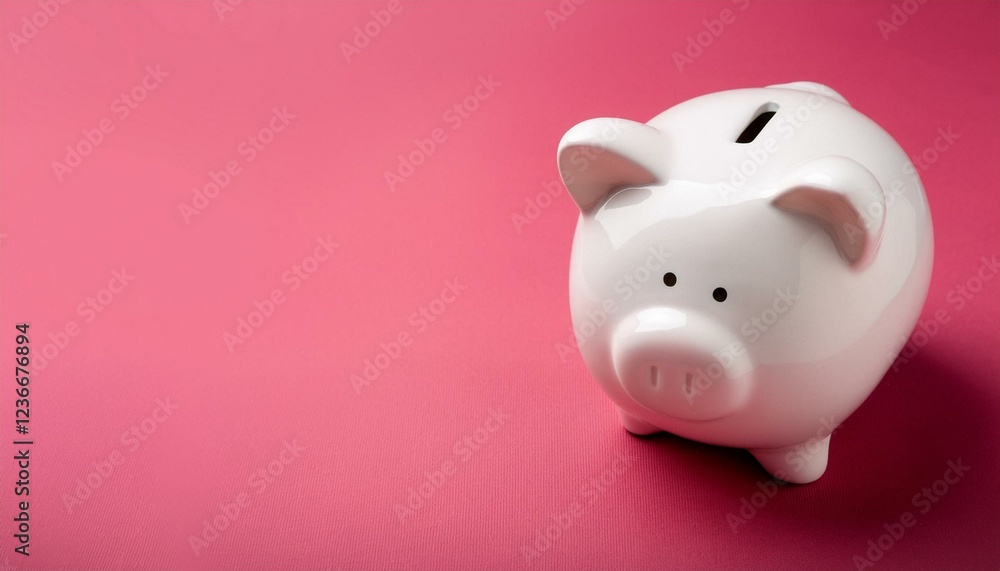 White piggy bank for saving money, pink background. Text space White piggy bank for saving money, pink background. Text space