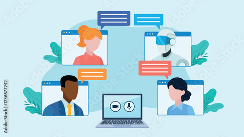 Employee video chat with speech clouds. Employee avatars are located on the communicator tiles. One of the employees is a chat bot AI. At the bottom is a laptop with icons.