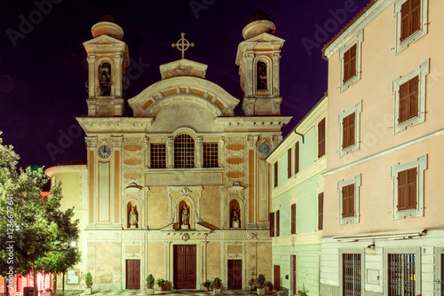 Liguria, Italy. The small village of Altare, nearby the city of Savona, where the glass processing was born. The Mons. Bertolotti square and the St. Eugenio church.