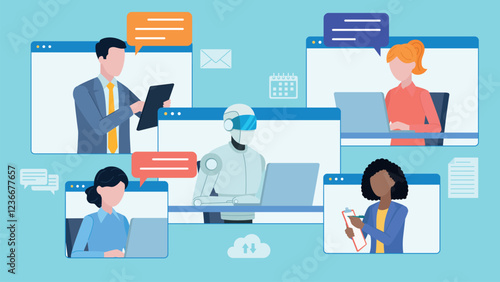 employee conversation in a corporate chat with ai chat bot . Employees are displayed on messenger tiles. Next to them are speech bubbles. Around them are icons: calendar, e-mail, envelope, document, 