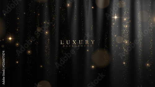 Black curtain backdrop decorated with shimmering glow and bokeh effect, black luxury background design idea for grand opening or award ceremony.