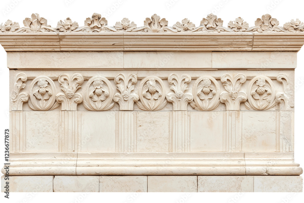 Obraz premium Antique Stone Wall with Ornate Floral Relief and Classical Architectural Details