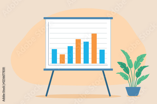 Flipchart with bar graph. The graphs are orange and blue. There is a plant next to the flipchart. Growth and development of the company. Flat design vector.