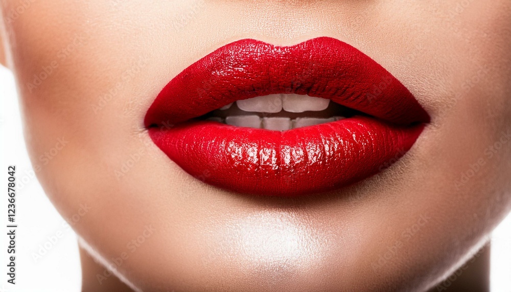 Closeup photo of seductive woman parted lush lips painted bright red lipstick with healthy white teeth isolated on white Closeup photo of seductive woman parted lush lips painted bright red lipstick with healthy white teeth isolated on white