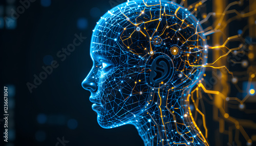 Side view of a humanoid head with blue and yellow eyes and vibrant neon neural network, robot face, representing futuristic technology and artificial intelligence. Generative AI