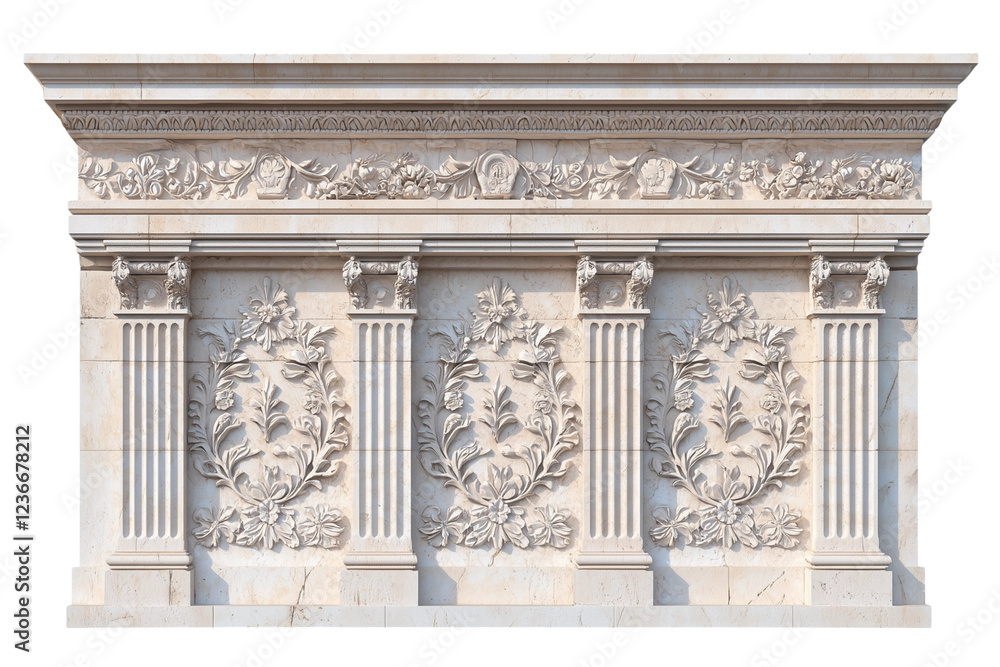 Fototapeta premium Antique Stone Wall with Ornate Floral Relief and Classical Architectural Details