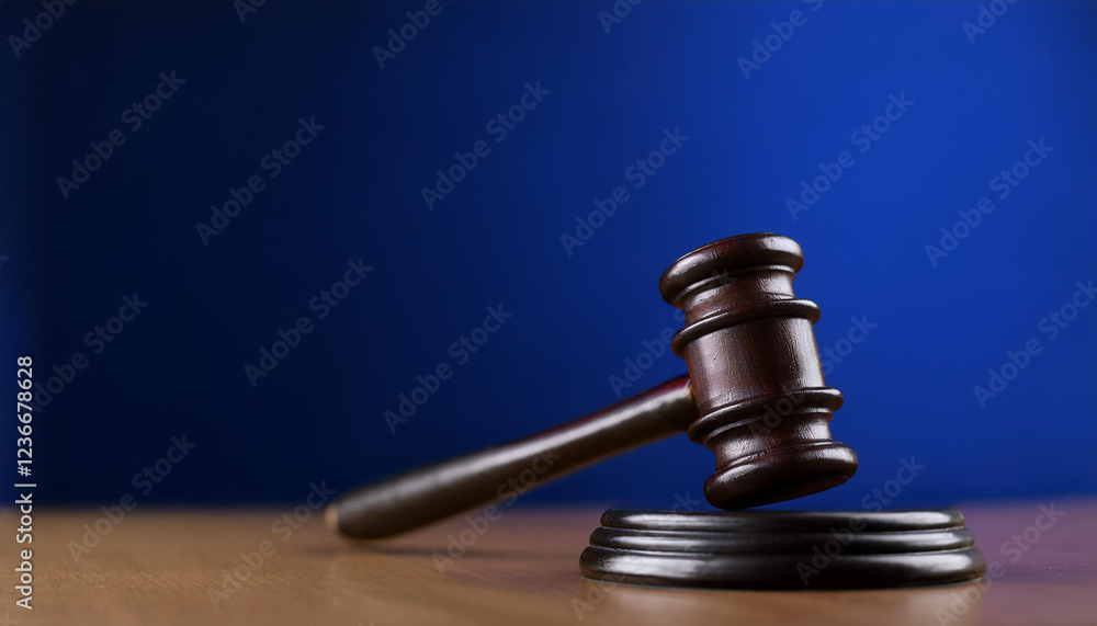 Dark wooden gavel on base, blue backdrop. Law and justice, courtroom decisions and legal authority Dark wooden gavel on base, blue backdrop. Law and justice, courtroom decisions and legal authority