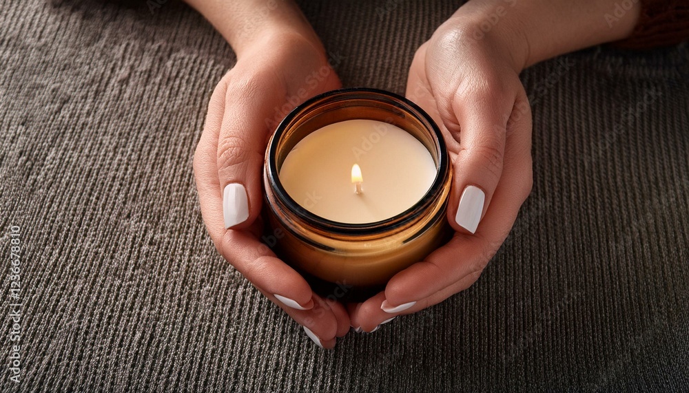 Female hands holding scented candle, top view Female hands holding scented candle, top view