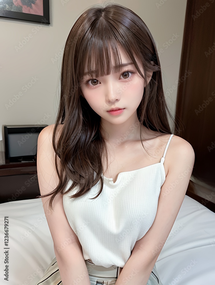 Naklejka premium ベッドに座っている若い女性
