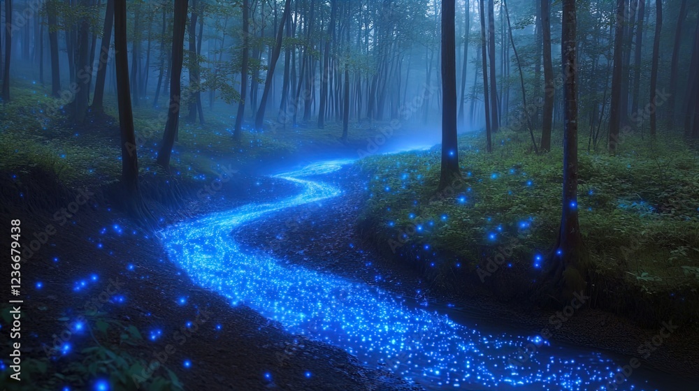 Fototapeta premium A serene forest scene featuring a glowing blue river winding through tall trees, illuminated by soft, ethereal blue lights. The atmosphere is misty and enchanting, with a magical quality that enhances
