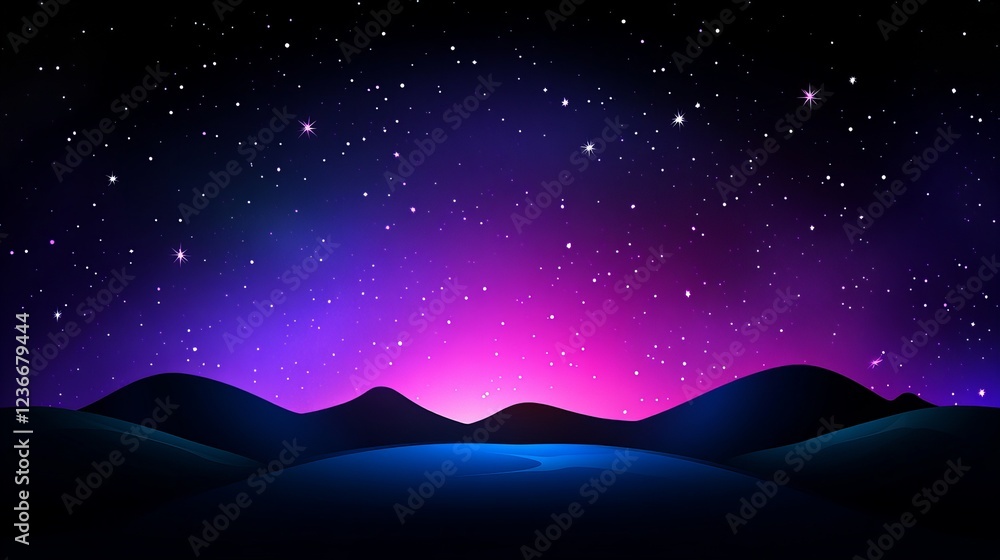 Obraz premium Serene night landscape with vibrant purple and blue hues under a starlit sky.