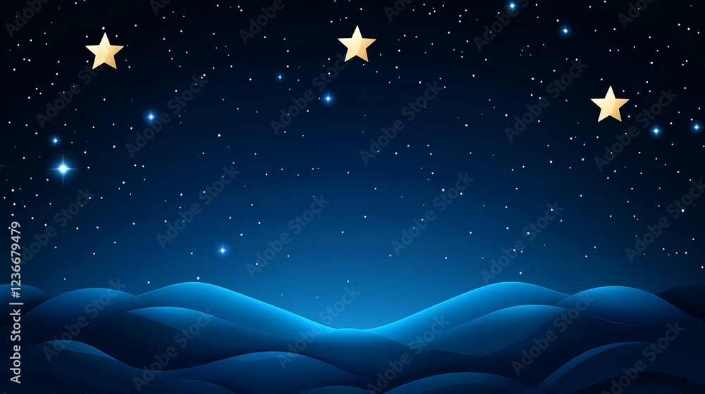 Serene night sky with glowing stars above a dark blue landscape. Serene night sky with glowing stars above a dark blue landscape.