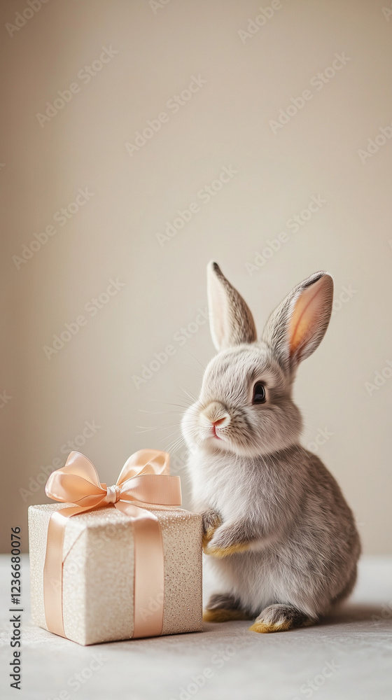Obraz premium A small grey bunny with a satin ribbon-wrapped gift on a soft beige background, perfect for a Valentine’s gift idea.