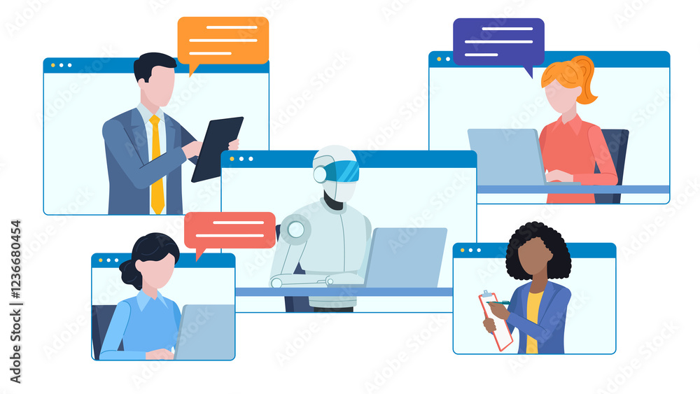 Obraz premium Employees are displayed on messenger tiles. Next to them are speech bubbles. Around them are icons: calendar, e-mail, envelope, document. Employee conversation in a corporate chat with ai chat bot . 