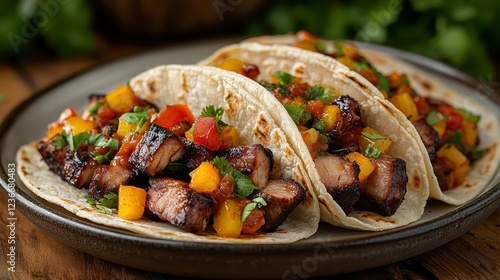 Delicious grilled pork tacos with mango salsa on a rustic wooden table