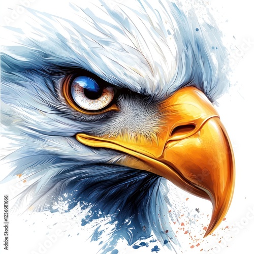 Majestic eagle head, intense gaze, white background, paint splatters, logo design photo