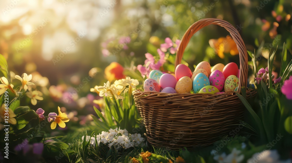 Colorful Easter Eggs in a Basket Surrounded by Flowers Colorful Easter Eggs in a Basket Surrounded by Flowers