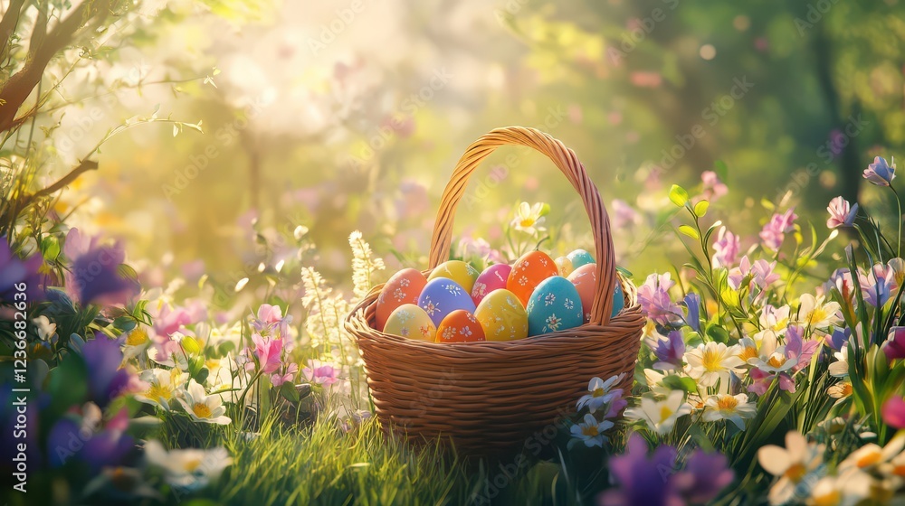 Colorful Easter Eggs in a Blooming Flower Field Colorful Easter Eggs in a Blooming Flower Field