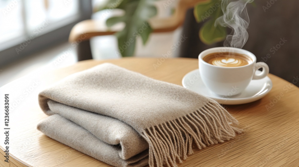 A warm, plush wool scarf folded neatly beside a cup of steaming coffee on a light oak table A warm, plush wool scarf folded neatly beside a cup of steaming coffee on a light oak table