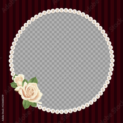 Pearl frame with white roses. Circle holiday card from design with transparent field. Wedding template.