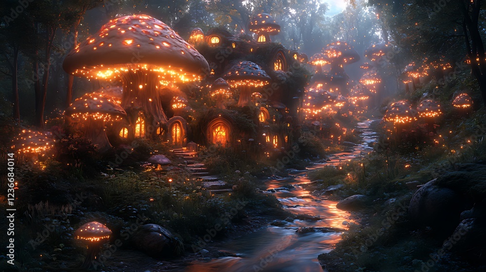 Enchanting mushroom village nestled in a mystical forest at night, illuminated by soft lights along a flowing stream. Enchanting mushroom village nestled in a mystical forest at night, illuminated by soft lights along a flowing stream.