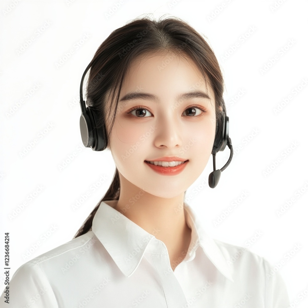 Smiling customer service representative with headset on white background provides friendly support