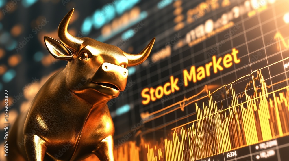 A golden bull statue symbolizing a strong stock market performance amidst financial graphs and data. A golden bull statue symbolizing a strong stock market performance amidst financial graphs and data.