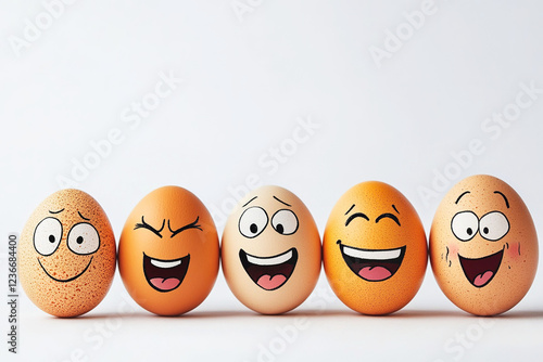 Eggs with funny faces and cute emotions.  Free space for text on white background